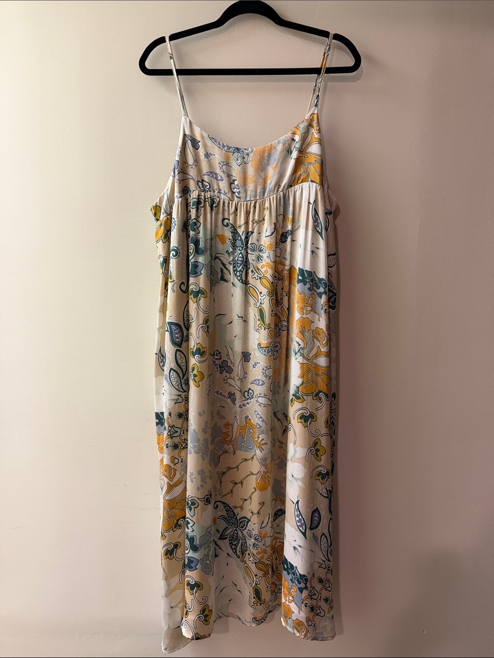 Lightweight Paisley Spaghetti Strap Maxi Dress - Cream with Mustard & Teal
